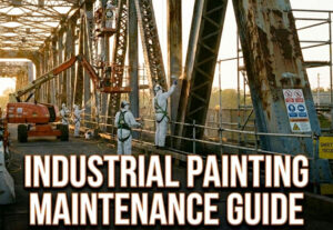 Workers in PPE repaint a rusted steel bridge; construction lift and safety gear visible, with bold caption 'INDUSTRIAL PAINTING MAINTENANCE GUIDE'.