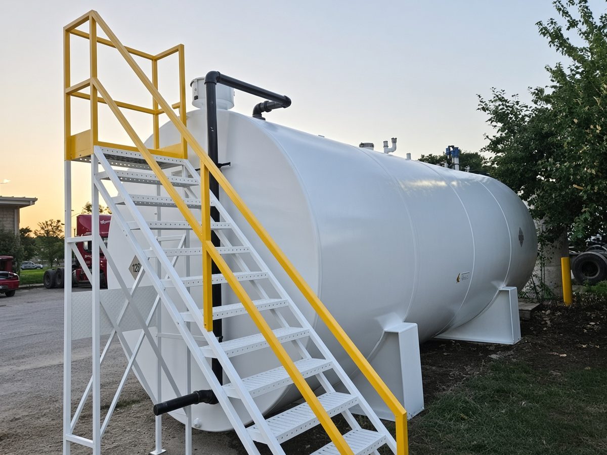 White above-ground fuel tank with yellow safety-rail access stairs at a fleet yard