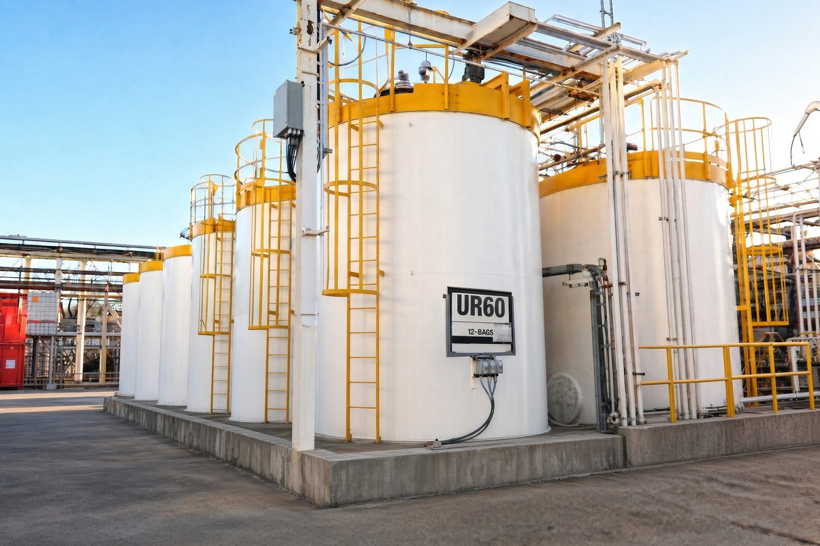 Row of white industrial storage tanks with yellow ladders and railings