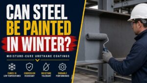 Painter rolling moisture-cure urethane coating onto structural steel in cold weather